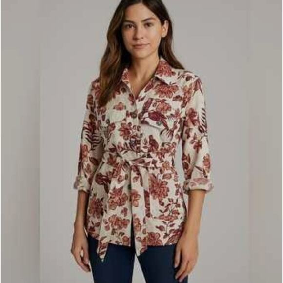 Rachel Zoe Sz S Linen Floral Print Button Down Blouse Tunic Pockets Blazer - Picture 1 of 7